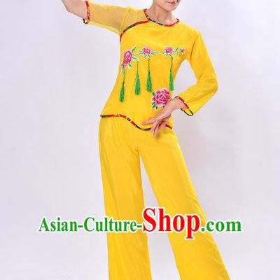 Traditional Chinese Classical Dance Yangge Fan Dancing Costume, Folk Dance Drum Dance Uniforms Yangko Yellow Clothing Set for Women