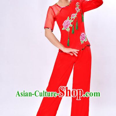 Traditional Chinese Classical Dance Yangge Fan Dancing Costume, Folk Dance Drum Dance Peony Uniforms Yangko Red Clothing Set for Women