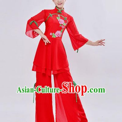 Traditional Chinese Classical Dance Yangge Fan Dancing Costume, Folk Dance Drum Dance Flared Uniforms Yangko Red Clothing for Women