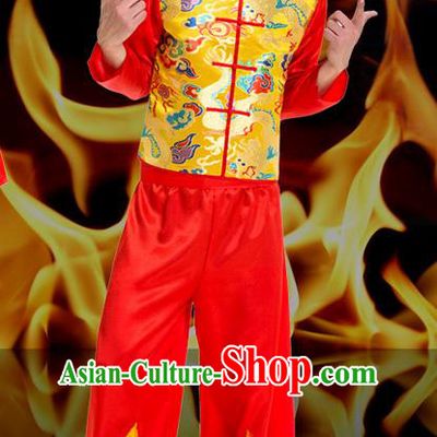 Traditional Chinese Classical Dance Yangge Fan Dance Costume, Folk Dance Drum Dance Uniform Yangko Long Sleeve Clothing Complete Set for Men