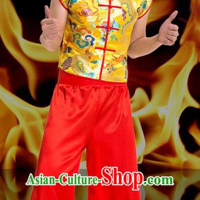 Traditional Chinese Classical Dance Yangge Fan Dance Costume, Folk Dance Drum Dance Uniform Yangko Sleeveless Clothing Complete Set for Men