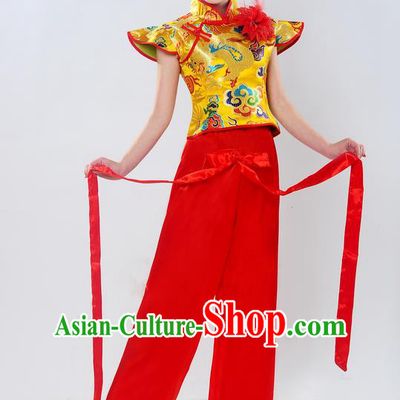 Traditional Chinese Classical Dance Yangge Fan Dance Costume, Folk Dance Drum Dance Uniform Yangko Sleeveless Clothing Complete Set for Women