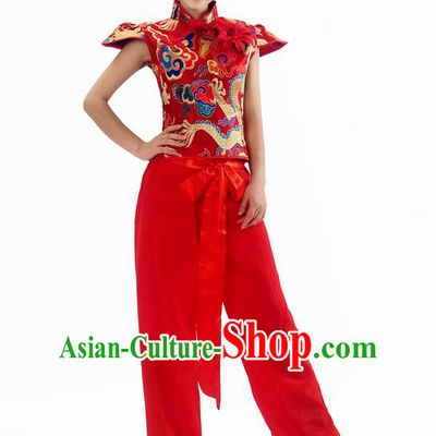 Traditional Chinese Classical Dance Yangge Fan Dance Costume, Folk Dance Drum Dance Red Uniform Yangko Sleeveless Clothing Complete Set for Women