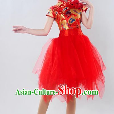 Traditional Chinese Classical Dance Yangge Fan Dance Costume, Folk Dance Drum Dance Uniform Yangko Red Bubble Dress for Women