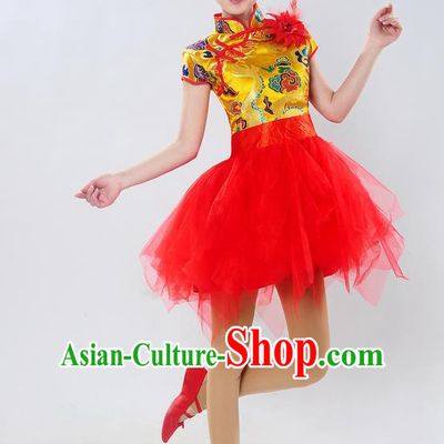 Traditional Chinese Classical Dance Yangge Fan Dance Costume, Folk Dance Drum Dance Uniform Yangko Golden Bubble Dress for Women