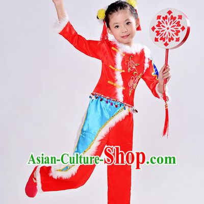 Traditional Chinese Classical Dance Yangge Fan Dance Costume, Children Folk Dance Drum Dance Uniform Yangko Red Dress Complete Set for Kids