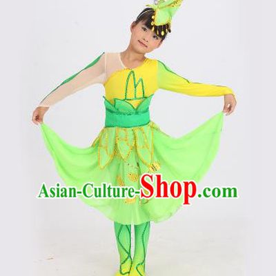 Traditional Chinese Classical Dance Yangge Fan Dance Costume, Children Lotus Dance Drum Dance Uniform Yangko Green Dress Complete Set for Kids
