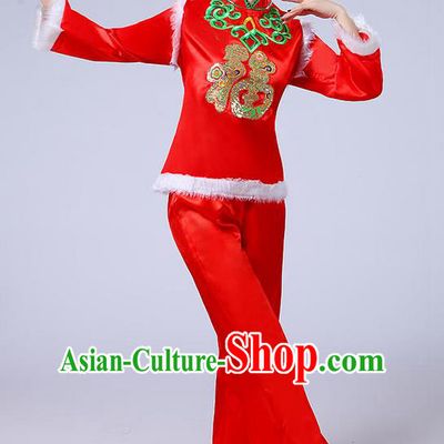 Traditional Chinese Classical Dance Yangge Fan Dancing Costume, Folk Dance Drum Dance Fur Uniforms Yangko Red Clothing for Women