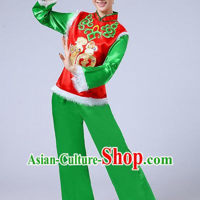 Traditional Chinese Classical Dance Yangge Fan Dancing Costume, Folk Dance Drum Dance Fur Uniforms Yangko Red Blouse and Green Pants for Women