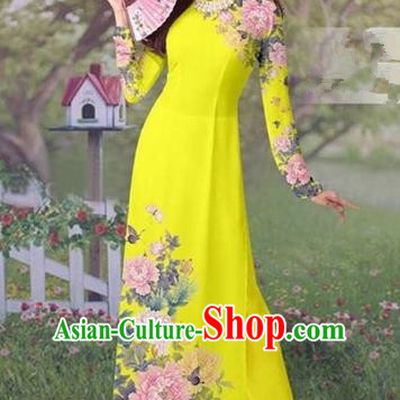 Traditional Top Grade Asian Vietnamese Costumes Classical Painting Cheongsam, Vietnam National Vietnamese Young Lady Ao Dai Dress and Loose Pants