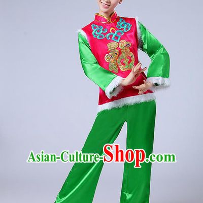 Traditional Chinese Classical Dance Yangge Fan Dancing Costume, Folk Dance Drum Dance Fur Uniforms Yangko Pink Blouse and Green Pants for Women