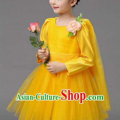 Top Grade Professional Performance Catwalks Costume, Children Chorus Compere Full Dress Modern Dance Little Princess Yellow Veil Bubble Dress for Girls Kids
