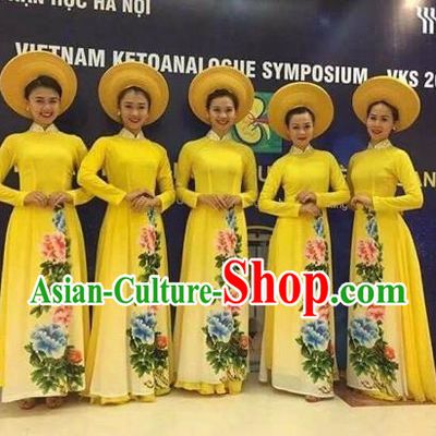 Traditional Top Grade Asian Vietnamese Costumes Classical Painting Cheongsam, Vietnam National Vietnamese Young Lady Bride Wedding Ao Dai Dress
