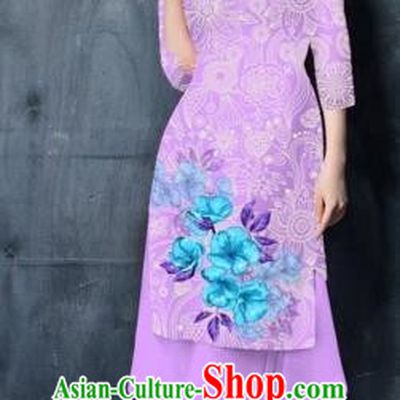 Traditional Top Grade Asian Vietnamese Costumes Classical Painting Short Purple Cheongsam, Vietnam National Vietnamese Young Lady Bride Wedding Ao Dai Dress