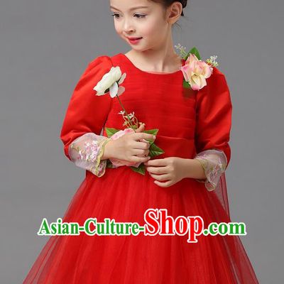 Top Grade Professional Performance Catwalks Costume, Children Chorus Compere Full Dress Modern Dance Little Princess Red Veil Bubble Dress for Girls Kids
