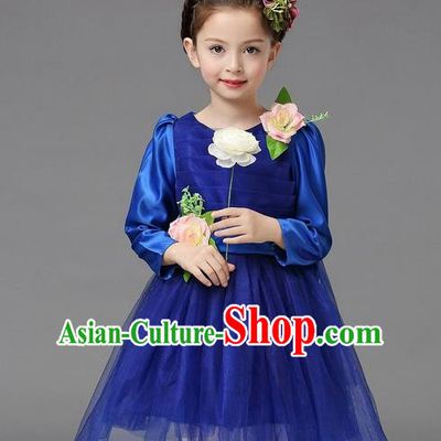 Top Grade Professional Performance Catwalks Costume, Children Chorus Compere Full Dress Modern Dance Little Princess Blue Veil Bubble Dress for Girls Kids