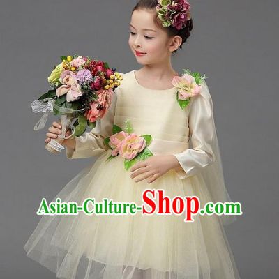Top Grade Professional Performance Catwalks Costume, Children Chorus Compere Full Dress Modern Dance Little Princess Beige Veil Bubble Dress for Girls Kids