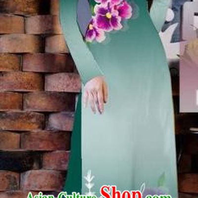 Traditional Top Grade Asian Vietnamese Costumes Classical Painting Flowers Green Cheongsam, Vietnam National Vietnamese Young Lady Bride Wedding Ao Dai Dress