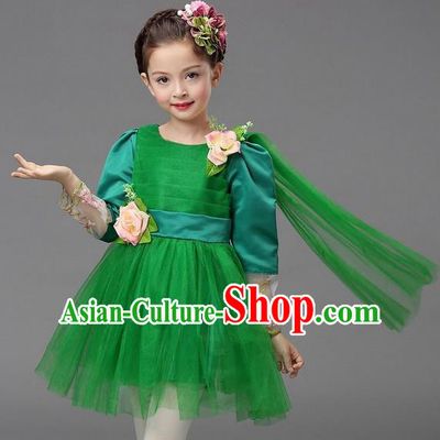 Top Grade Professional Performance Catwalks Costume, Children Chorus Compere Full Dress Modern Dance Little Princess Green Veil Bubble Dress for Girls Kids