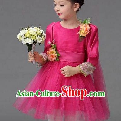 Top Grade Professional Performance Catwalks Costume, Children Chorus Compere Full Dress Modern Dance Little Princess Rose Veil Bubble Dress for Girls Kids