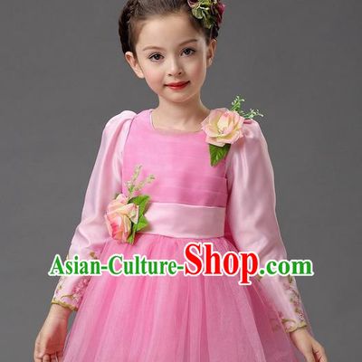 Top Grade Professional Performance Catwalks Costume, Children Chorus Compere Full Dress Modern Dance Little Princess Pink Veil Bubble Dress for Girls Kids