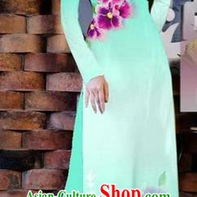 Traditional Top Grade Asian Vietnamese Costumes Classical Painting Flowers Fluorescent Green Cheongsam, Vietnam National Vietnamese Young Lady Bride Wedding Ao Dai Dress