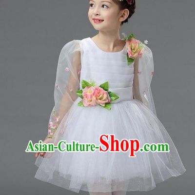 Top Grade Professional Performance Catwalks Costume, Children Chorus Compere Full Dress Modern Dance Little Princess White Veil Bubble Dress for Girls Kids