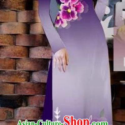 Traditional Top Grade Asian Vietnamese Costumes Classical Painting Flowers Purple Cheongsam, Vietnam National Vietnamese Young Lady Bride Wedding Ao Dai Dress