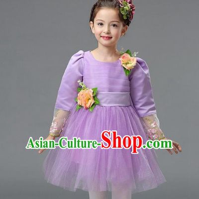 Top Grade Professional Performance Catwalks Costume, Children Chorus Compere Full Dress Modern Dance Little Princess Purple Veil Bubble Dress for Girls Kids