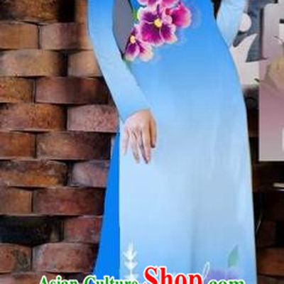 Traditional Top Grade Asian Vietnamese Costumes Classical Painting Flowers Blue Cheongsam, Vietnam National Vietnamese Young Lady Bride Wedding Ao Dai Dress