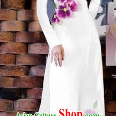 Traditional Top Grade Asian Vietnamese Costumes Classical Painting Flowers White Cheongsam, Vietnam National Vietnamese Young Lady Bride Wedding Ao Dai Dress