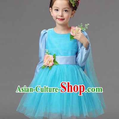 Top Grade Professional Performance Catwalks Costume, Children Chorus Compere Full Dress Modern Dance Little Princess Light Blue Veil Bubble Dress for Girls Kids