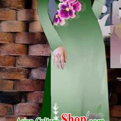 Traditional Top Grade Asian Vietnamese Costumes Classical Painting Flowers Deep Green Cheongsam, Vietnam National Vietnamese Young Lady Bride Wedding Ao Dai Dress