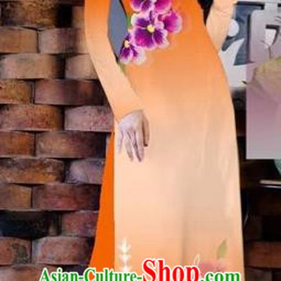 Traditional Top Grade Asian Vietnamese Costumes Classical Painting Flowers Orange Cheongsam, Vietnam National Vietnamese Young Lady Bride Wedding Ao Dai Dress