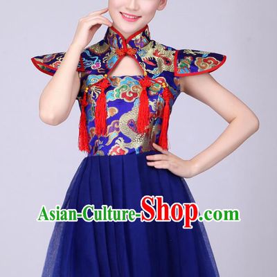 Top Grade Professional Performance Costume, China Drum Dance Chorus Fan Dance Dress Modern Dance Blue Veil Bubble Dress for Women