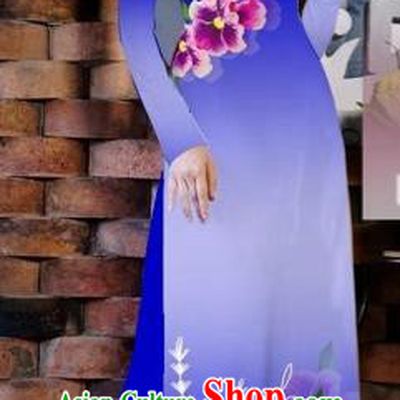 Traditional Top Grade Asian Vietnamese Costumes Classical Painting Flowers Royalblue Cheongsam, Vietnam National Vietnamese Young Lady Bride Wedding Ao Dai Dress