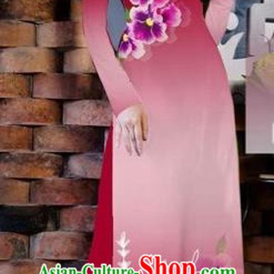 Traditional Top Grade Asian Vietnamese Costumes Classical Painting Flowers Wine Red Cheongsam, Vietnam National Vietnamese Young Lady Bride Wedding Ao Dai Dress