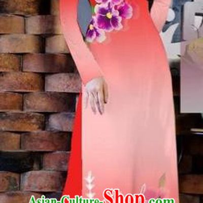 Traditional Top Grade Asian Vietnamese Costumes Classical Painting Flowers Watermelon Red Cheongsam, Vietnam National Vietnamese Young Lady Bride Wedding Ao Dai Dress