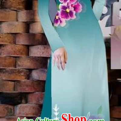 Traditional Top Grade Asian Vietnamese Costumes Classical Painting Flowers Peacock Blue Cheongsam, Vietnam National Vietnamese Young Lady Bride Wedding Ao Dai Dress