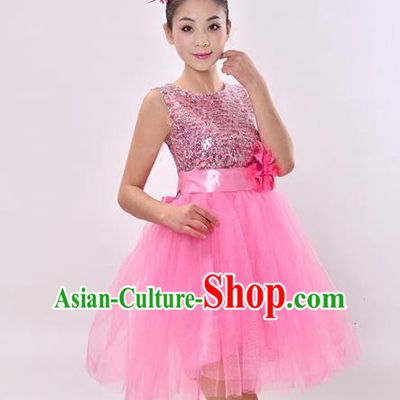 Top Grade Professional Performance Costume, China Chorus Compere Modern Dance Dress Paillette Pink Veil Bubble Dress for Women