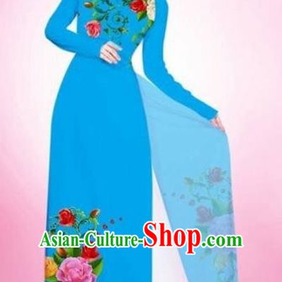 Traditional Top Grade Asian Vietnamese Costumes Classical Painting Flowers Blue Cheongsam, Vietnam National Vietnamese Young Lady Bride Wedding Round Collar Ao Dai Dress