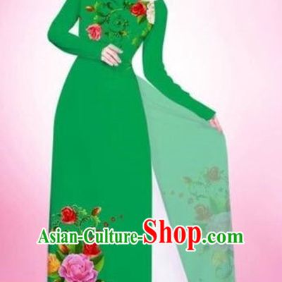Traditional Top Grade Asian Vietnamese Costumes Classical Painting Flowers Green Cheongsam, Vietnam National Vietnamese Young Lady Bride Wedding Round Collar Ao Dai Dress
