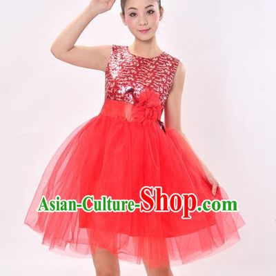 Top Grade Professional Performance Catwalks Costume, China Chorus Compere Modern Dance Dress Paillette Red Veil Bubble Dress for Women