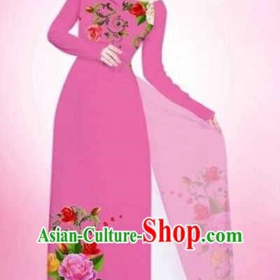 Traditional Top Grade Asian Vietnamese Costumes Classical Painting Flowers Pink Cheongsam, Vietnam National Vietnamese Young Lady Bride Wedding Round Collar Ao Dai Dress