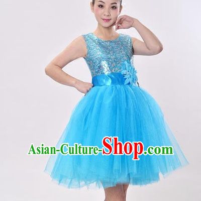 Top Grade Professional Performance Catwalks Costume, China Chorus Compere Modern Dance Dress Paillette Blue Veil Bubble Dress for Women