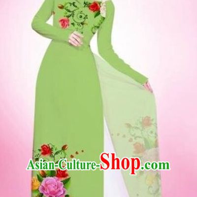 Traditional Top Grade Asian Vietnamese Costumes Classical Painting Flowers Grass Green Cheongsam, Vietnam National Vietnamese Young Lady Bride Wedding Round Collar Ao Dai Dress