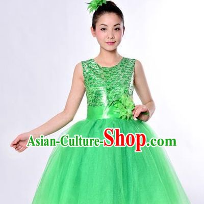 Top Grade Professional Performance Catwalks Costume, China Chorus Compere Modern Dance Dress Paillette Green Veil Bubble Dress for Women