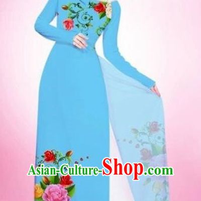 Traditional Top Grade Asian Vietnamese Costumes Classical Painting Flowers Light Blue Cheongsam, Vietnam National Vietnamese Young Lady Bride Wedding Round Collar Ao Dai Dress