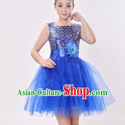 Top Grade Professional Performance Catwalks Costume, China Chorus Compere Modern Dance Dress Paillette Royalblue Veil Bubble Dress for Women