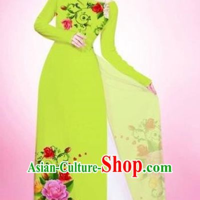 Traditional Top Grade Asian Vietnamese Costumes Classical Painting Flowers Light Green Cheongsam, Vietnam National Vietnamese Young Lady Bride Wedding Round Collar Ao Dai Dress